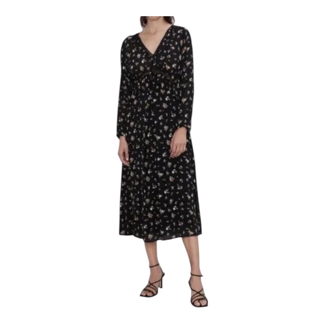 Nwt Zara Floral Peasant Midi Dress Long Sleeves Size L Black